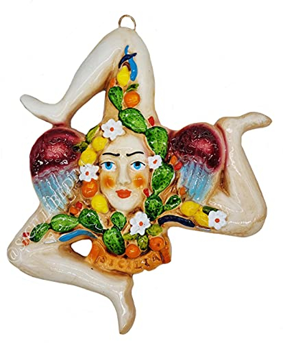 sicilia bedda - Trinacria Siciliana in Ceramica - Varie Decorazioni - Prodotto Artigianale con gangio da Parete (12 CM, Limoni e Ficodindia)