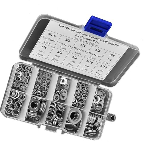 260pcs Edelstahl Unterlegscheibe und Federring Sortiment Sicherungsscheiben Befestigungselemente M2.5 M3 M4 M5 M6 M8 M10, Blinddarm