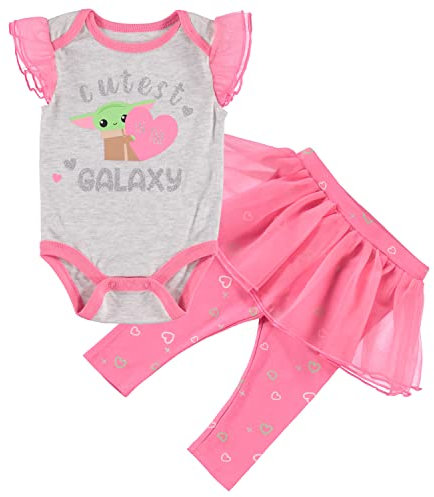 Star Wars Infant Baby Girls' Baby Yoda One Piece Bodysuit with Pull on Pant and Attached Tutu Skirt, Grey/Pink, 12 Months