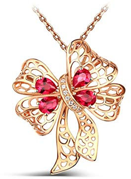 Gualiy Ruby Pendant Rose Gold, Rose Gold Pendant Necklace for Women Bowknot with Ruby 1.82ct Necklace