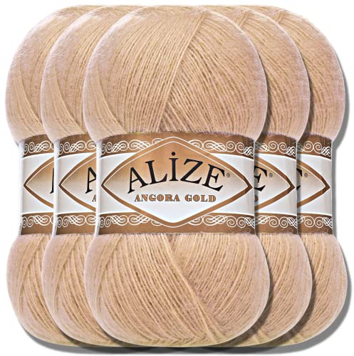 Hobby YARN Alize 5x 100g Angora Gold Türkische Premium Wolle Dünne Mohair aus Schurwolle Babywolle als Strickgarn Handstrickgarn Einfarbig Uni Yarn (Camel | 95)