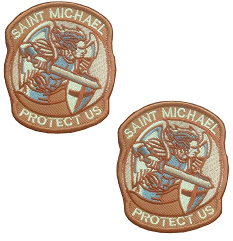 2 Pcs Braun Heiliger Michael Beschütze Uns Patch Saint Michael Protect US Modernes Militär Moral Taktisch Flicken Bestickter Aufnäher mit Klettverschluss für Rucksack Jacke Weste Tasche Kappen