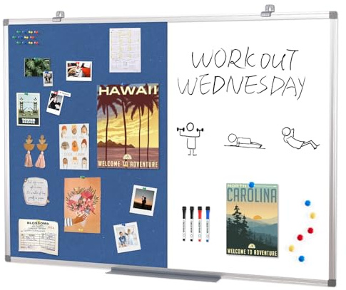 SWANCROWN Magnetic Notice Board 120x90cm, Lagrge Whiteboard and Pin Board | 2 in 1, Magnetic, Blue Felt, Dry Erase, Smooth Writing, Aluminum Frame, Wall Mount, Notice Boards for Office, School, Home