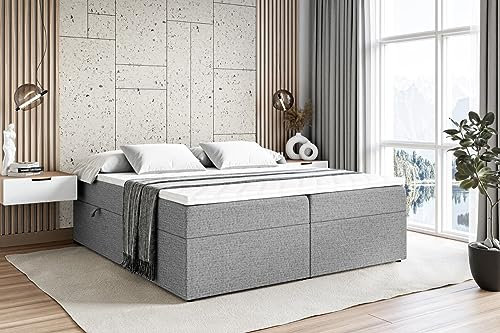 ALTDECOR Boxspringbett mit Matratze und Lattenrost, Boxbett, Topper, Polsterbett mit Bettkasten, Bett mit Stauraum H4-Matratze, Doppelbett, Springboxbett - Marce-BW - 140x200 - Grau Inari 91