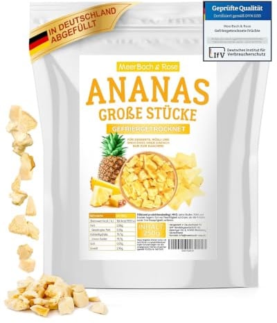 ANANAS GEFRIERGETROCKNET 250g große Stücke, fruchtige knusprige Chunks | 100% Frucht ohne Zuckerzusatz – zum Naschen, für Müsli, Smoothie & Backen. MEERBACH & ROSE – Qualität aus Deutschland.