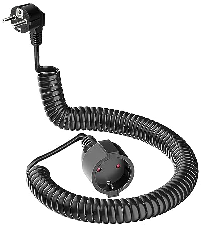 Schutzkontakt-Spiralverlängerung, 3m dehnbares Spiral-Kabel mit Schutzkontaktwickelstecker & Schutzkontaktkupplung, (230V/16A) PVC Verlängerungskabel, IP20, schwarz