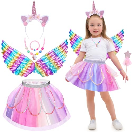 Tacobear Deguisement Licorne Fille avec Licorne Serre Tete Aile Jupe Tutu Collier Bracelet Baguette Magique Princesse Licorne Costume pour Enfants Fille 3 4 5 6 7 8 ans Halloween Carnaval Fasching