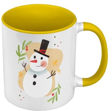 Tasse, Farbe Premium Qualität, Gelb – Schneemann und Stechpalme Magie Weihnachten Winter Geschenk – Tasse mit Henkel und farbigem Innenfutter