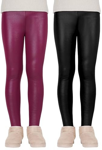 KEREDA Mädchen Leggings Thermo Gefüttert Thermoleggings Winter Warme Kunstleder 2er-Pack,Schwarz/Weinrot,134-140