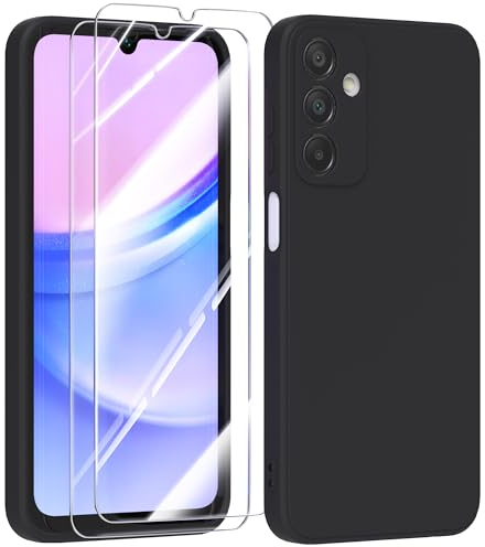MIKULLE Cover in Silicone per Samsung Galaxy A15 4G / 5G con 2 Pellicola Vetro Temperato, Custodia Morbido Silicone Ultra Sottile Liquida TPU Antiurto AntiGraffio Case - Nero