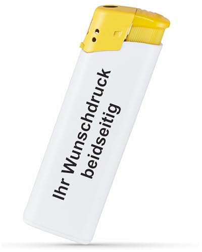 #teamludorf Elektronik-Feuerzeug mit Druck - Beidseitig Bedruckt mit Wunsch-Text & Logo - Nachfüllbar - Werbe-Geschenk (weiß-gelb, 50)