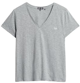 Superdry Damen Strukturiertes T-Shirt mit V-Ausschnitt und Stickerei Rauchgrau Meliert 38