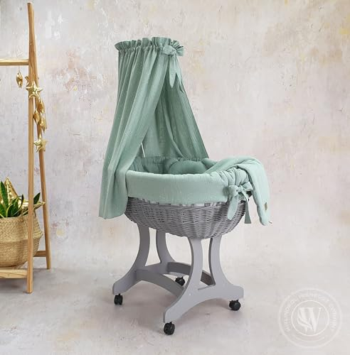 Moseskorb grau mit Gestell, Matratze Baldachin und Bettwäsche | Leisen Rädern (Khaki)