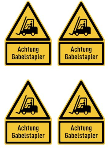 Aufkleber: 150x100 mm, 4 Stück - Achtung Gabelstapler - Warnzeichen mit Text (deutsch) (gelb/schwarz) - Dreick - W014 - DIN EN ISO 7010 / ASR A1.3