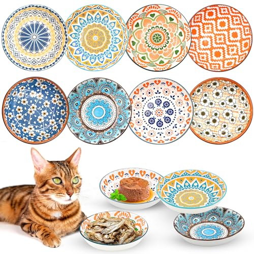 8 Pieces Ceramic Cat Bowls Cat Food Bowl 5.5 Inches Cute Kitten Bowl Wide Shallow Cat Feeding Bowls Cat Plate Microwave and Dishwasher, 8 oz