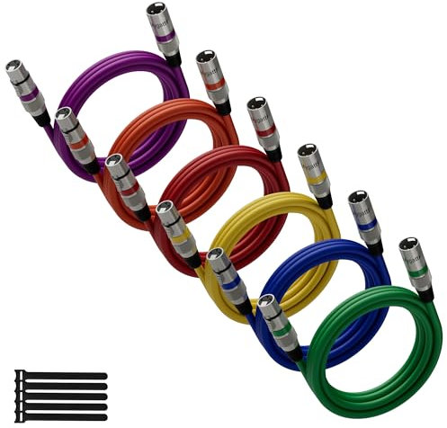 Cavo per microfono XLR Bilanciato 1M(6 Pezzi,multicolore),da maschio a femmina,schermatura a 3 pin,cavo patch DMX,con soppressione EMI e RFI,compatibile con amplificatore,altoparlante+5 fascette
