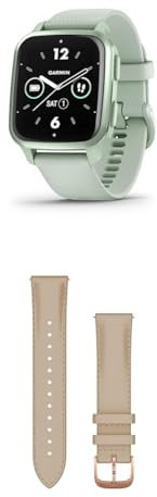 Garmin Venu Sq 2, AMOLED GPS Smartwatch with up to 11 days battery life, Cool Mint & Quick Release Band (20 mm) - Light Sand with 18K Rose Gold