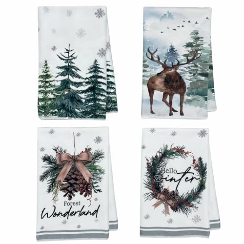 JINGTOPS Geschirrtücher Weihnachten Küchentücher, Handtuch Geschirrtuch Weihnachts Deko, Mikrofasertücher für Küche Trockentuch, Winter Weihnachten Deko InnenTisch Deko 40x60cm (4pc Rentier)