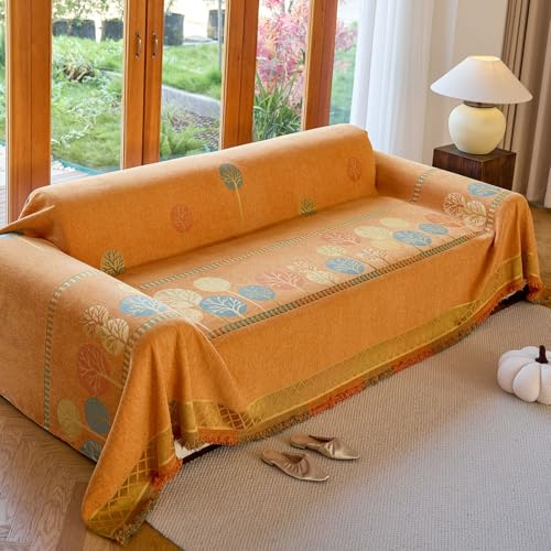 Treer Chenille Sofaüberwurf Decke mit Quaste, Baum Muster Sofa Überwurfdecke Couch Überwürf L Form Ecksofa Reversibel Sofadecke Couchdecke Sessel Decke 1 2 3 4 Sitzer (180x230cm,Orange)