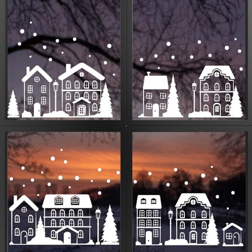 younikat Weihnachten Fensterbild Winter-Dorf 70 Teile I weiß I statisch haftend I wiederverwendbar Adventsfenster I dv1513