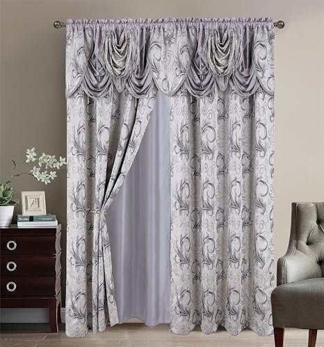 GLORY RUGS Jacquard-Luxus-Vorhang-Set mit Volant und Rückseite, für Schlafzimmer, Wohnzimmer, Esszimmer, 137 x 213 cm, Silbergrau
