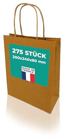 h-Green Papiertüten mit Henkel 200x240x80 mm (275 Stück), tragbare Tüten mit 3kg Tragfähigkeit, recycelbare Geschenktüten aus FSC® zertifiziertem Recycling-Kraftpapier, 90g/m², braun gerippt