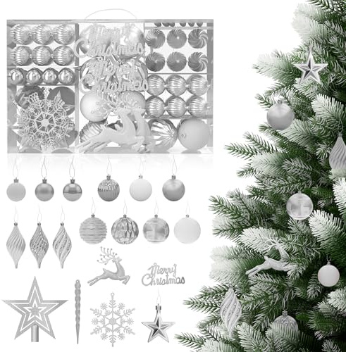 YUENFONG 108 palline di Natale, in plastica, per albero di Natale, con colori e bianco opaco, opache, decorazioni natalizie, colore: argento