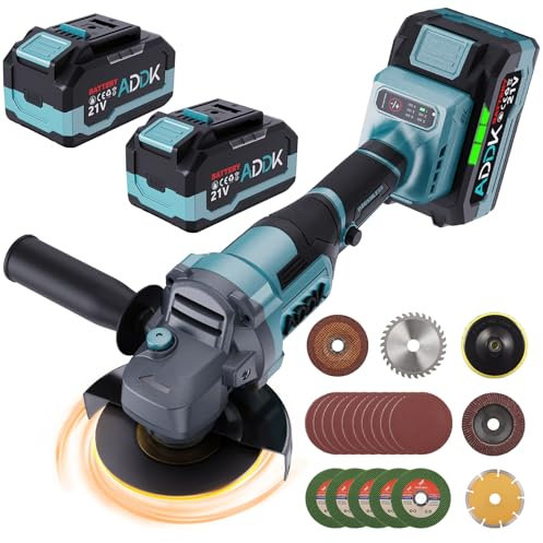 ADWOLT Akku Winkelschleifer,21V Winkelschleifer 125mm, 6-Stufig Regelbar mit 2 x 4,0Ah-Akku, 9000 U/min Brushless-Motor Metallschleifer mit Fächerscheibe zum Trennen, Entzundern und Schleifen