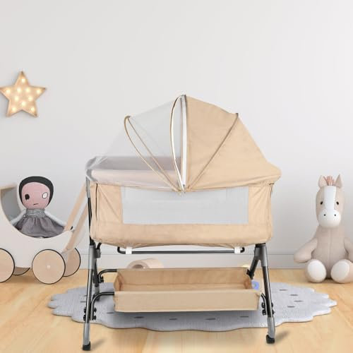 Kedia Babybett, Kinderbett mit Moskitonetz, Kinderreisebett mit Rollen, Babybetten Babywiege, Beistellbett (A-Beige)