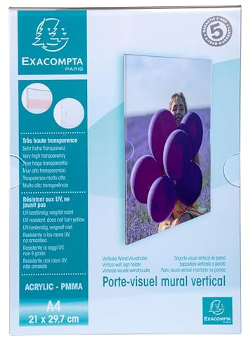Exacompta - Réf. 84858HD - Carton de 10 - Porte-visuel mural vertical A4 pour afficher les photos ou documents - en PMMA (acrylique) très haute transparence - Cristal