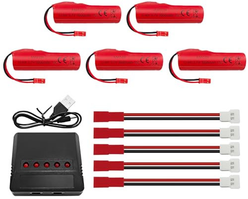 AMZZN 5 Stück 3.7V 3000mAh Lithium-Ionen-Akku mit JST-2P-Stecker und 5-in-1-Ladegerät, geeignet für HJ819 DE819 RC Boot, Huina 1337 1338 1516 1517 1552 1554 1558 RC Auto, Fahrer Auto, LKW