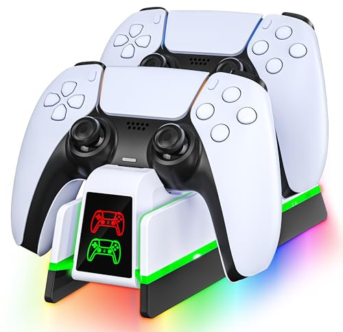 Stazione di ricarica per controller PS5 per PlayStation 5 Dualsense/Dualsense Edge, stazione di ricarica con 10 luci LED, accessori per controller PS5, dock di ricarica, bianco nero
