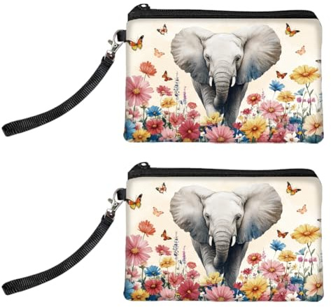Peacoblue Original Design Münzbörse für Damen und Mädchen Elefant und Blumen, 2 Stück, mit Reißverschluss, langlebige und weiche Canvas-Geldbörse für Reisen, Geschenk
