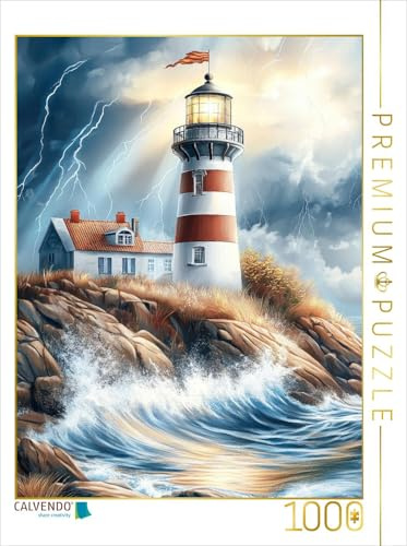 CALVENDO Puzzle EIN Leuchtturm mit Wärterhäuschen wacht über die raue Steilküste | 1000 Teile Lege-Größe 64 x 48 cm Foto-Puzzle für glückliche Stunden