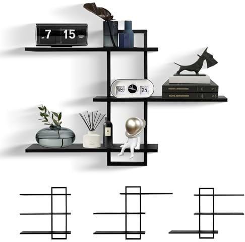 PHOENANCEE 3-stöckig, Eichenrahmen, schwebende Regale für Wand, hängendes rustikales quadratisches Aufbewahrungsregal für Wohnzimmer, Schlafzimmer, Schwarz