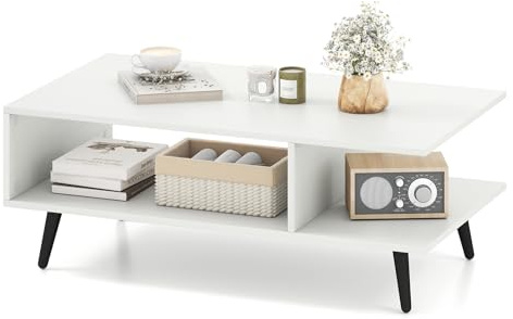 COSTWAY Couchtisch mit Stauraum, 2 stufiger Wohnzimmertisch mit offenem Regal & Metallbeinen, Beistelltisch aus Holz, Sofatisch Kaffeetisch für Wohnzimmer, Schlafzimmer, 80 x 45 x 30 cm (Weiß)