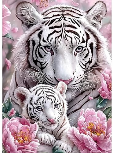 MAXBYE Diamond Painting Erwachsene, 5D Diamond Painting Art Tier Komplett Set DIY Weißer Tiger Diamant Bilder Anfänger, Runde Diamant Bilder Kristall Kreuzstich Für Heimdekoration Geschenk 30x40cm