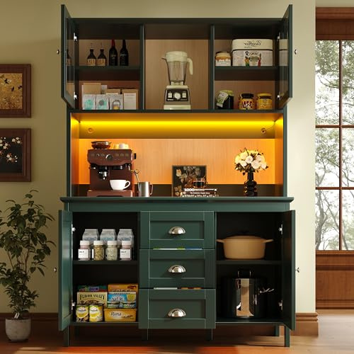 LAKFEW Alacena de Cocina con Iluminación LED y 3 Cajones, Armario Cocina Almacenaje con 4 Puertas y Dispositivo Antivuelco, Alacena Cocina Aparador Alto con Compartimento Abierto, 120x40x179 cm, Verde