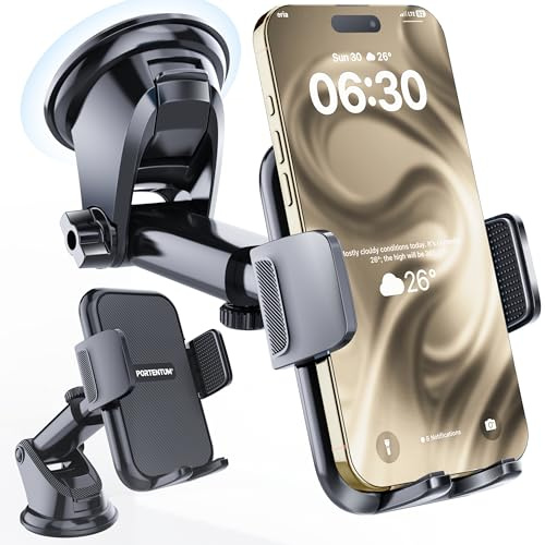 PORTENTUM Soporte movil Coche con Ventosa Reforzada – Nueva versión 2026 – Rotación 360° y Brazo Extensible – Suporte telemovel Carro Parabrisas y salpicadero Compatible con teléfonos de 4 a 7.5
