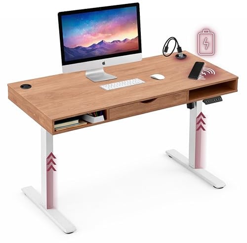 hjh OFFICE Schreibtisch Worktime Style 120x60 cm – Elektrisch höhenverstellbarer Arbeitstisch mit Memoryfunktion, Steh-Countdown, USB-Hub, Schublade & Ablagefächern, Eiche/Weiß