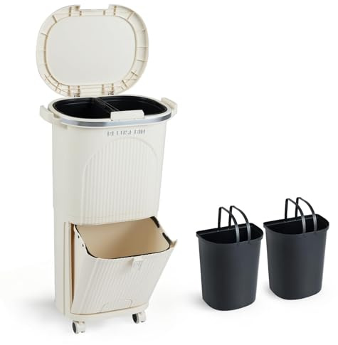 COSTWAY Mülleimer Küche, Mülltrennsystem 3 Fächer, 2 x 12L Inneneimer & 14L Treteimer, Abfalleimer mit Rollen, Deckel, Pedal & Haken, Tretmülleimer Abfallsammler für Küche (Beige)