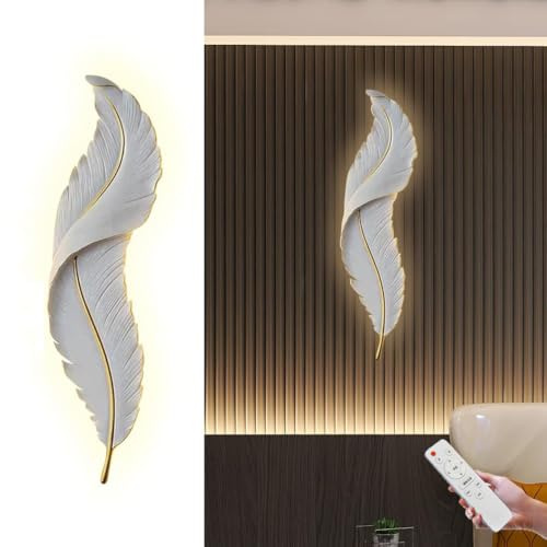 AoLa LED Federlampe lnnen Wandleuchte Dimmbar 3000K–6000K mit Fernbedienung Wandlampe Moderne Weiße Harz Kreative Feder Design Dekorative Lampe für Schlafzimmer Wohnzimmer Heimdekoration,90CM
