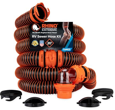 Camco RhinoEXTREME 21012 - Kit tubo flessibile per fognatura camper, 6 m, include raccordo girevole e gomito traslucido con raccordo per scarico 4 in 1, tappi di stoccaggio inclusi