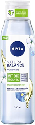 Nivea Natural Balance - Gel de ducha con aroma a flores de algodón y aceite de argán orgánico (300 ml), ducha de cuidado sin fragancias alergénicas, gel de ducha vegano para pieles secas y sensibles
