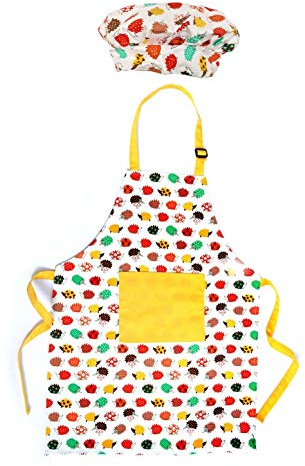 JZK Juego de delantal ajustable y gorro de chef para niños, bonito delantal de cocina con bolsillo para niños y niñas, para la escuela, cocina, hornear, pintura, jardinería, multicolor, S