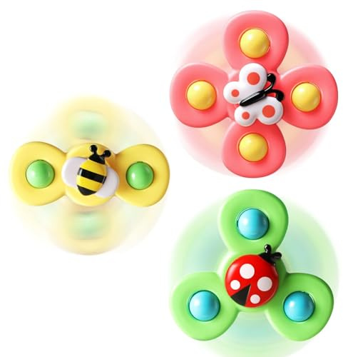 ALASOU 3PCS Suction Cup Spinner Toys for 1 Year Old Boy Girl|Spinning Top 12 18 Months|1 2 Year Old Boy Birthday Gift|Baby Bath Toy for Kids Ages 1-3|Sensory Airplane Travel Toy for Infant Toddlers