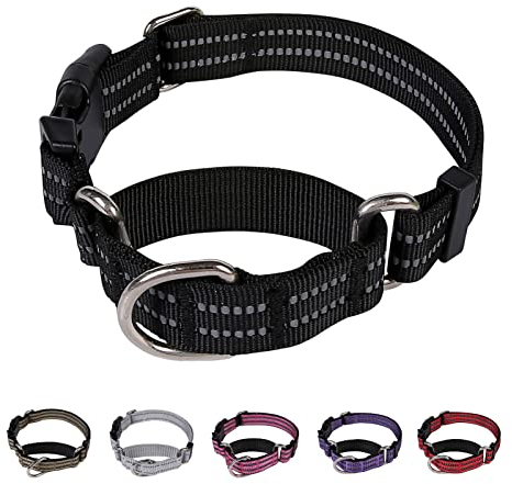 Hikiko Martingale Halsband für Hunde, reflektierend, Nylon, mit Schnellverschluss-Schnalle, verstellbar, Training, rutschfest, Größe L, Schwarz