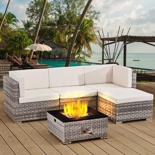 ASOWNSUN Rattan Garden Furniture Sets with Chair, Coffee Table, Cushions, All-weather Outdoor Corner 4 Seater Sofa Patio Conversation Sets