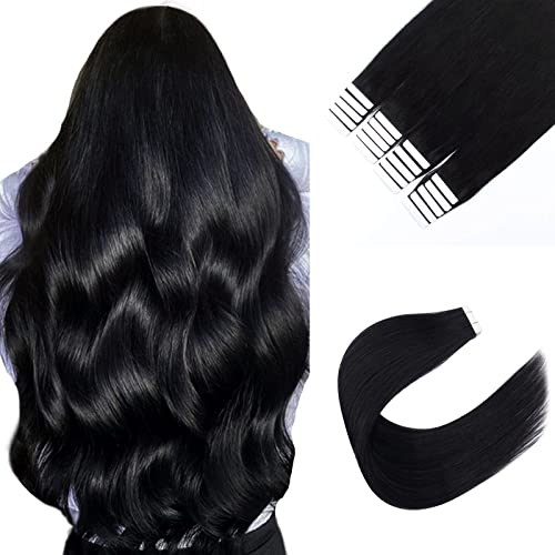Sixstarhair Tape Extension Echthaar 50g 40cm #1 Schwarz 20 StüCk Invisible Kleber HaarverläNgerung Seidig Gerade Echthaar Extensions Skin Weft Tape Ins
