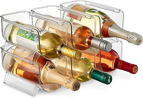 Set Of 6 Wine and Water Bottle Organizer, Stackable Plastic Wine Rack Holder for Pantry, Kitchen, Fridge, Ideal Storage for Wine, Soda, Pop and Beer, Clear